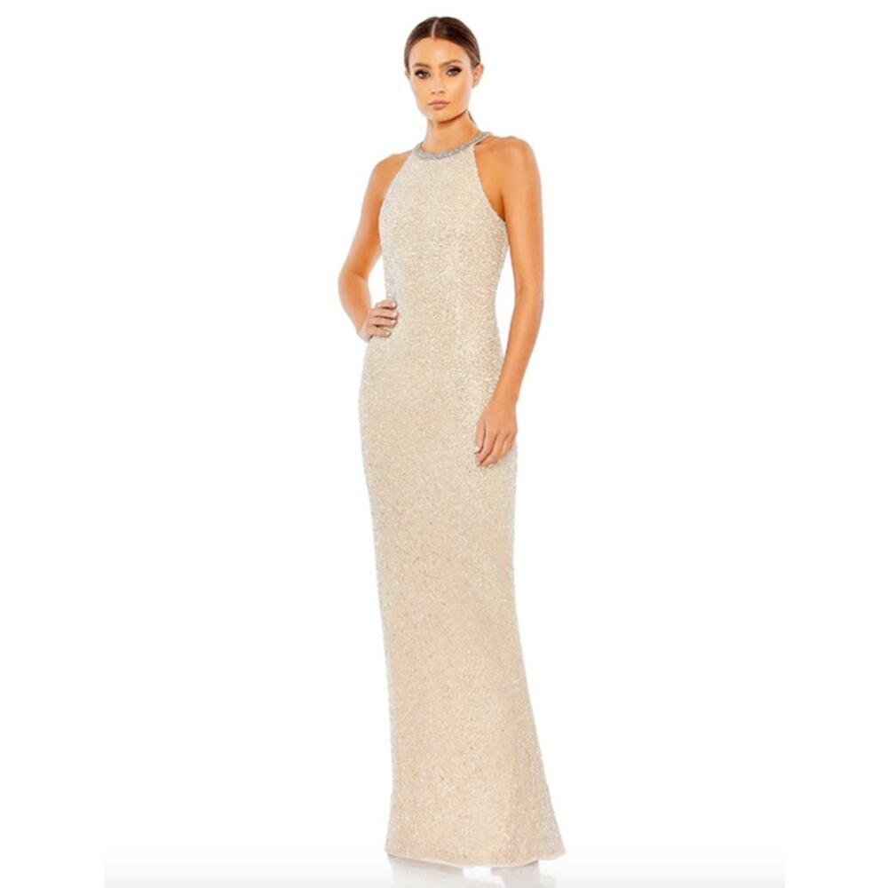 MAC DUGGAL Dress Size 2 Evening Gown Sequin Beaded Column Gown NEW Cream Flaw